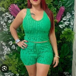 Shein Curve Set 1X Green Shorts / Crop Tank Set Sexy Stretch Textured 2936H